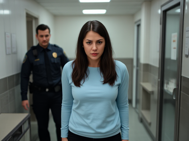 Brunette with dark hair wearing a light blue long sleeve t shirt and black pants in the break room with a constipated look on her face looks weak as men arrest her