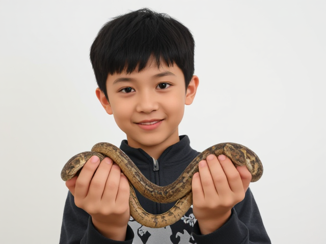 A Chinese cute boy in 6 age that he is very sweet with snakes in his hands