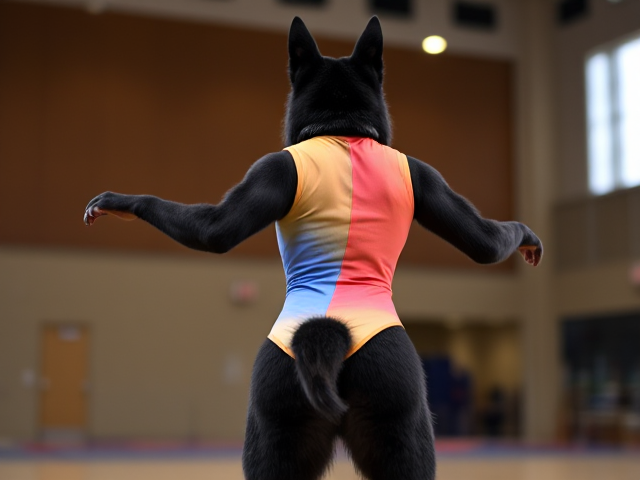Anthropomorphic black German shepherd in a colorful gymnastics leotard performing in a gymnasium, dynamic pose, detailed fur, vivid colors, expressive eyes