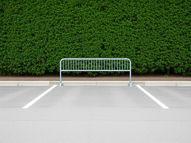 Place de parking vide avec une haie verte bien taillée en arrière-plan, une place de parking au milieu réservée avec une barrière métallique entourant la place de parking