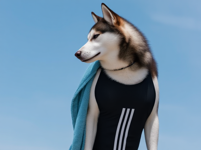 A tall anthropomorphic Siberian husky wearing an adidas swimsuit drying off with a towel