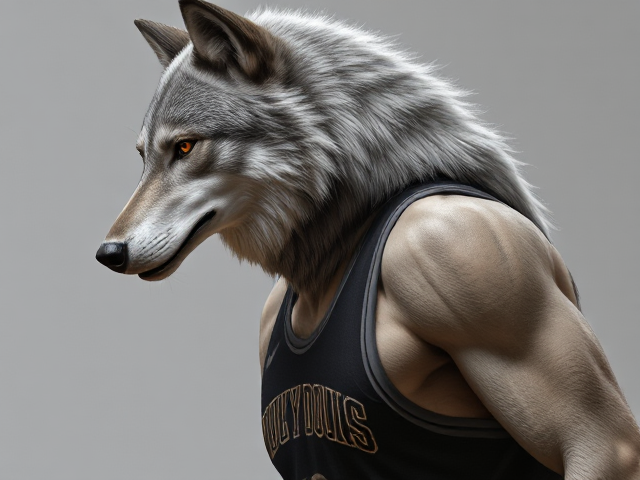 A tall and lean anthropomorphic gray wolf basketball player