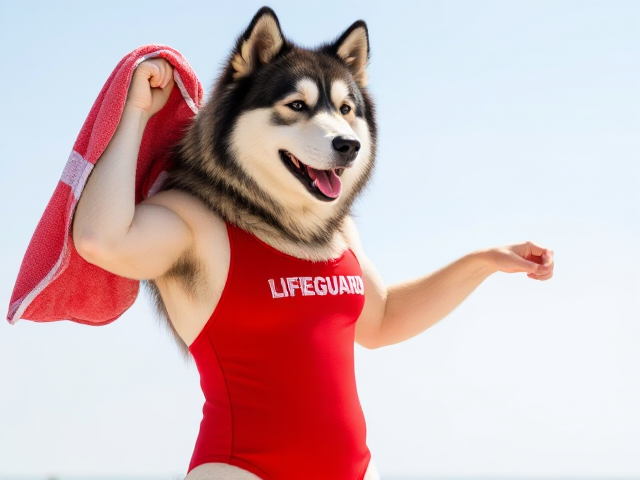 A anthropomorphic alaskan malamute  wearing a red lifeguard one piece swimsuit drying off with a towel