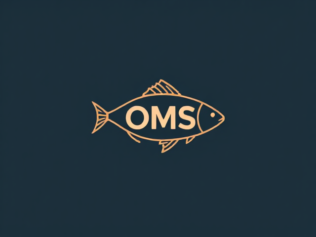 Minimalistic japanese themed logo with one or more fish and the letters "OMS" hidden within the fish,