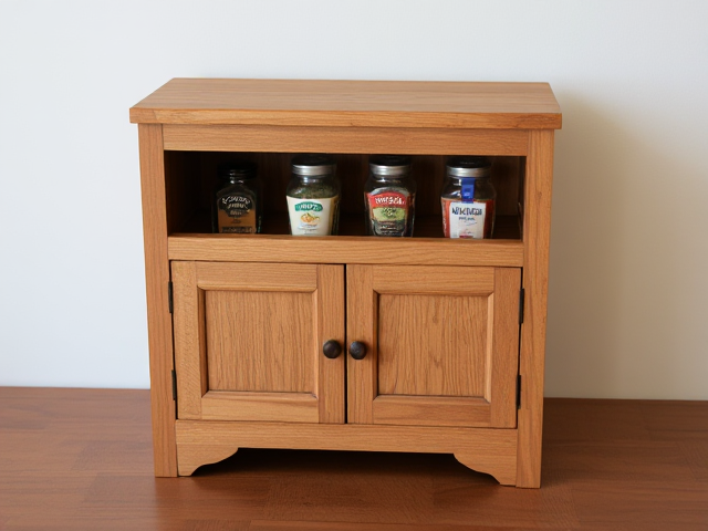 Un meuble en bois, présentoir à épices.
(, inspiration petite table, petit coffre.)