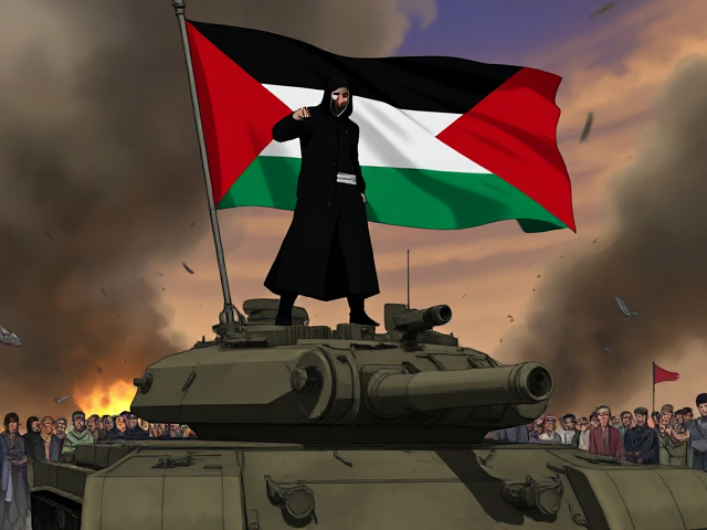 Accurate Palestinian Flag being waved by a hooded figure on top of an enemy tank as he is followed by the people of Palestine as a guardian after they have been surviving the attacks they are under. Animated in the style of the anime Bleach