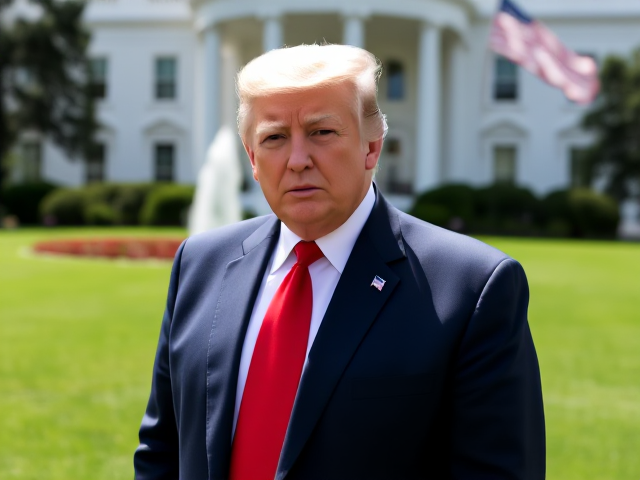 Donald Trump, wearing a navy blue suit and a red tie, standing in front of the White House, with a determined expression on his face, sunlight casting shadows on the lawn, American flag waving in the background