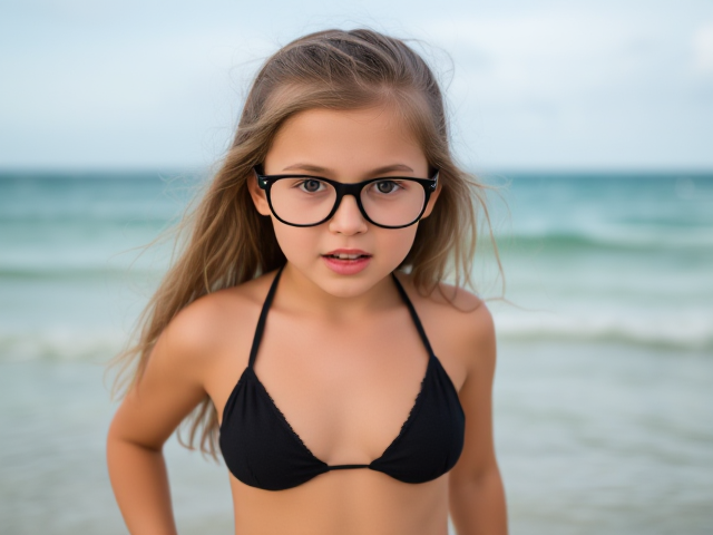 Glasses Little girl in a black bikini scared