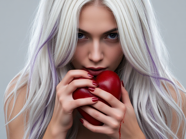 Female. Long white hair with purple highlights. Purple eyes. Holding her heart in her hand. Bloody. Full body image