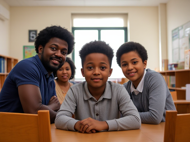 Parents afro-américains d'un élève dans le bureau du directeur d'école, ambiance chaleureuse et bien éclairée, décoration scolaire en arrière-plan, expressions faciales engageantes et concernées, mobilier en bois verni, fenêtre avec lumière naturelle, posters éducatifs colorés sur les murs