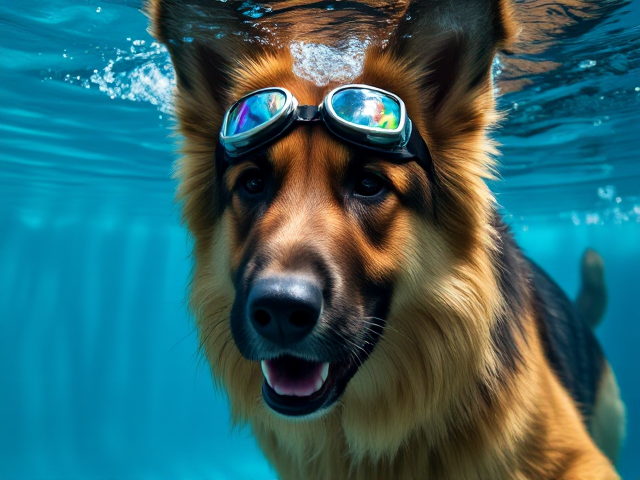 A long-haired German Shepherd wearing swimming goggles underwater