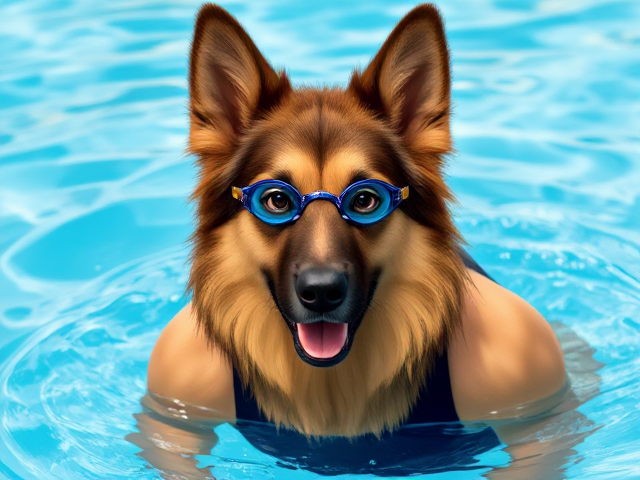 A anthropomorphic long haired German shepherd Olympic swimmer wearing a one piece swimsuit and swimming goggles