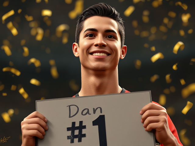 Ronaldo smiling and holding a sign that says "Dan #1" there is golden confetti