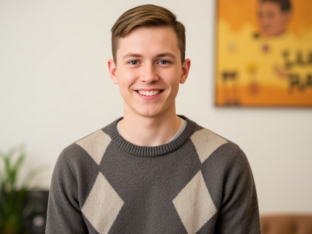 Clean cut, short haired nerdy twenty-something wearing an argyle sweater and smiling at the viewer