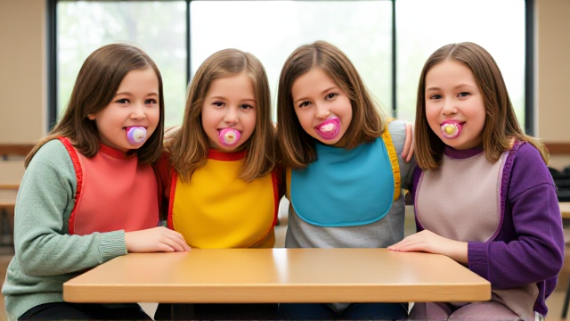 Quatre filles adolescentes aux cheveux lisses et dégagé et de différentes couleurs a l'avant assis a table  dans une cantine de maternelle avec des grands bavoirs multicolore et des tétines en bouches elles ont des pull de différentes couleurs que les Bavoirs et avec des pantalons elle se font un gros câlin et il y a une grande fenêtre derrière la table