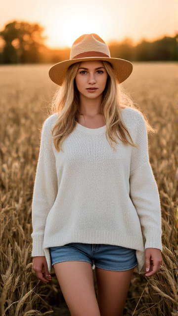 une photo réaliste représentant une jeune femme blonde portant un chapeau de paille Legé. elle porte également un pull en laine blanc large, asymétrique, col large décolleté dévoilant une épaule,  elle a un short en jean usé. la femme se promène au milieu d'un champs de blé entouré par la nature et un soleil levant.