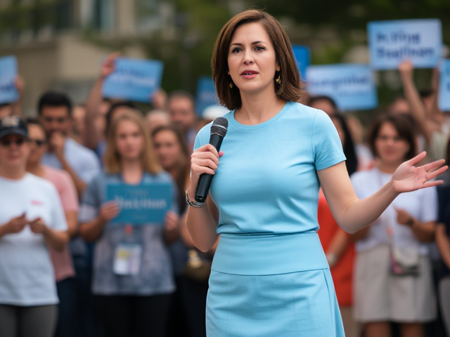 Brunette politician wearing a light blue t  shirt skirt would same shade giving a rally to her supporters unaware of the situation behind her