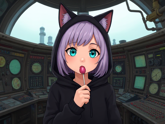 Pale petite girl, teal eyes, lilac hair, wearing a black hoodie that has cat ears on the hood, eating a lollipop