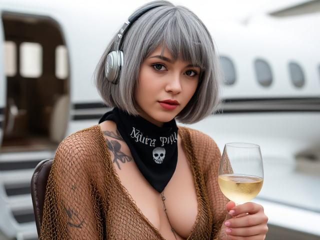 Young Goth Babe, nymph, 25 years, grey short hair with bangs, skull bandana on nose to neck, loose golden chainmail sheer dress, neck to belly tattoos, sleek wine glass, metallic headphones, minimalist setup, private plane in background,4K, hyperrealistic