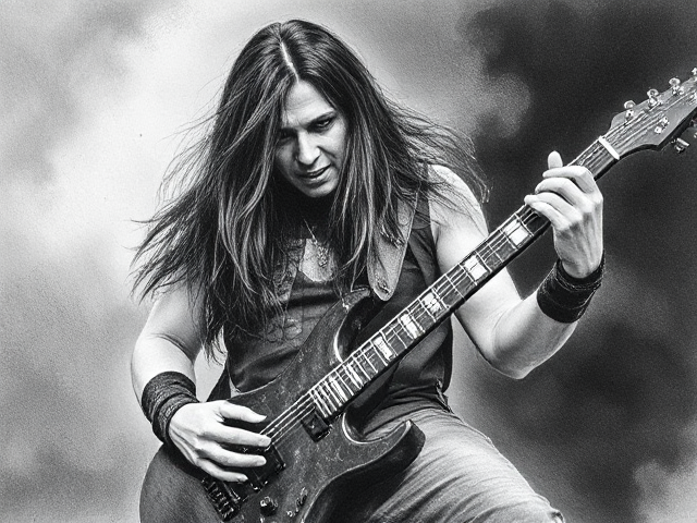 black and white pen lineart dark drawing. pen ink sketch horror. dimebag darrell with dean ml cowboys from hell guitar