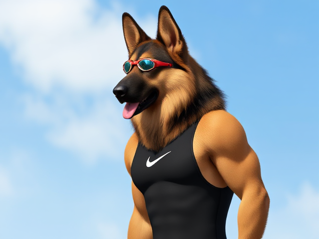 A tall anthropomorphic long haired German shepherd with a long torso and broad shoulders wearing a Nike high cut one piece swimsuit and swimming goggles