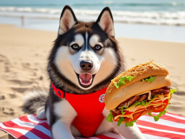 Anthropomorphic Alaskan malamute with expressive eyes and a playful grin, wearing a bright red lifeguard one-piece swimsuit with a small lifeguard emblem, sitting on a striped beach towel while eating a large, overflowing sub sandwich filled with colorful ingredients like lettuce, tomatoes, and cheese, surrounded by sunlit sand and gentle ocean waves in the background, vibrant colors and intricate detailed fur texture with highlights