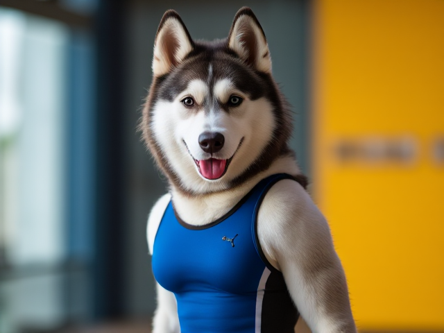 A anthropomorphic Siberian husky wearing a sport swimsuit