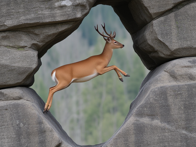 deer leaping over rocky gap
