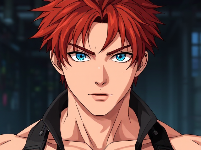 Anime boy, muscular, red hair, blue eyes, messy hair, freckles, cyber, sci-fi, futuristic, cool, badass, unique