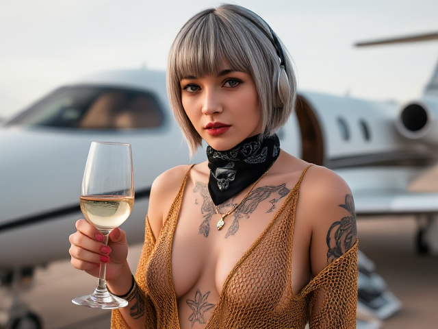 Young Goth Babe, nymph, 25 years, grey short hair with bangs, skull bandana on nose to neck, loose golden chainmail sheer dress, neck to belly tattoos, open dress, sleek wine glass, metallic headphones, minimalist setup, private plane in background,4K, hyperrealistic