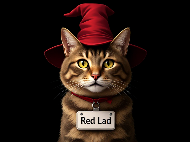 a cat with a wizard hat. A name tag around it's neck with the writing "Red Lad" make it realistic. The cat looks like a powerful sorcerer. Be creative.