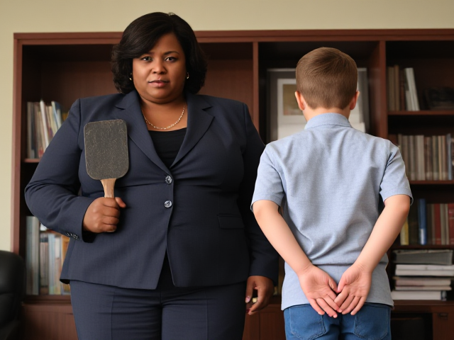 A tall, fat, black female in her 50s and dressed in a business pants suit, is a principal of an elementary school. She is standing in her office holding a spanking paddle. She has a stern facial expression. A young Caucasian boy in the 5th grade stands beside her. He is facing the camera.  His arms are behind his back & he is rubbing his bottom  with the palms of his hands, and has tears in his eyes