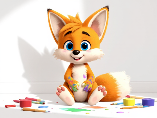 A very cute and young depiction of Miles "Tails" Prower, the Two-Tailed fox, with fluffy fur and a vibrant orange coat, sitting on his butt in a blank white room. Around him are various paint and painting utensils scattered as he playfully attempts to make art with his hands. Tails has different colors of paint splattered over his fur, with colorful smudges on his cheeks and paws. His big blue eyes are filled with joy and excitement as he creates his masterpiece. The room has a soft shadow effect to give depth to the scene