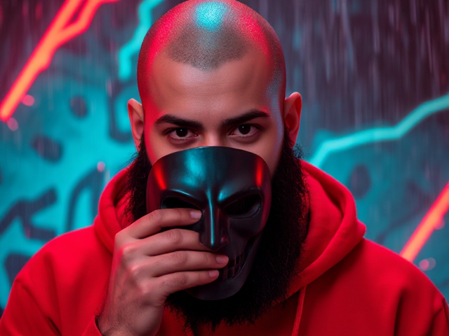 A bald young Muslim man with a bushy beard holding an Okame Mask close to their face. Neon lighting in shades of red and turquoise adds a vivid, cyberpunk aesthetic to the scene. The background features dynamic, abstract patterns and splashes of glowing, energetic lines, enhancing the fierce and mysterious atmosphere. Rain effects add to the dramatic tone, with raindrops cutting through the vibrant lighting.