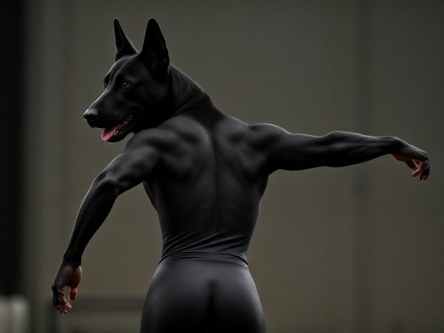 Anthropomorphic black German shepherd, broad shoulders, muscular back, wearing a detailed gymnastics leotard, dynamic pose, well-lit environment