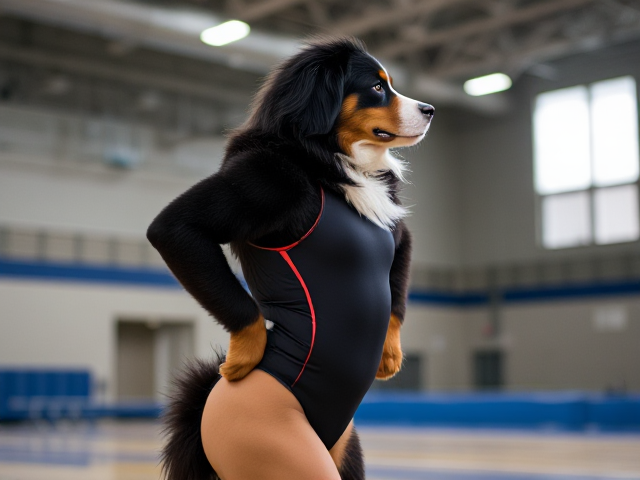 Bernese mountain dog with strong hips, wearing a gymnastics leotard, inside a gymnasium, dynamic pose, vibrant lighting, detailed fur