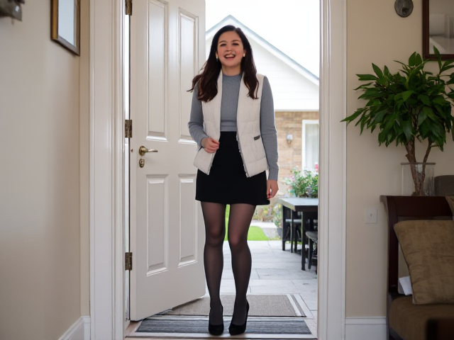 beautiful brunette in grey wool stockings, black heels, a black mini skirt and white vest laughs hysterically by a doorway inside a suburban home.