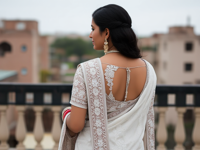 Indian woman dressed in a white saree with intricate white embroidery , and elaborate traditional jewelry including bangles, earrings, and a necklace, her back turned to reveal the detailed work on the saree. And long black hair, and no face showing. The scene is set against a background of her on a balcony in Pakistan