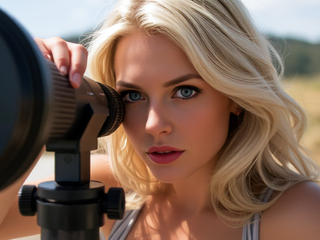 blonde woman with exaggeratedly large breast implants looking through a telescope with detailed facial features and expressive eyes