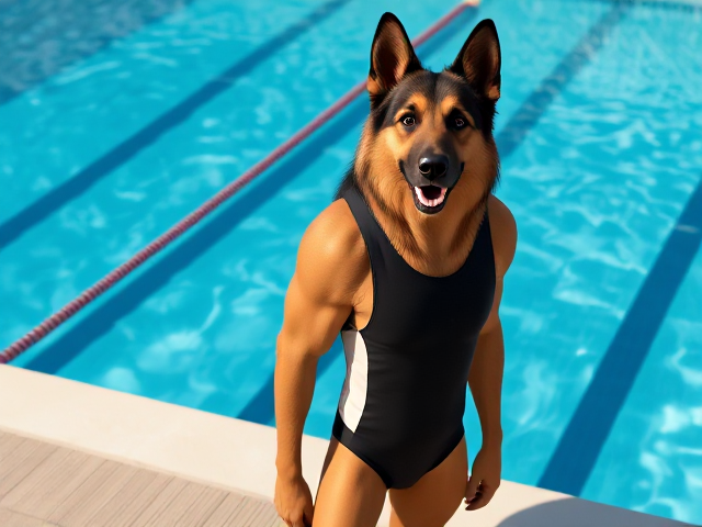 A tall and lean anthropomorphic long-haired German shepherd with broad shoulders and a long torso, wearing a adidas one piece swimsuit while standing next to a Olympic-Sized swimming pool
