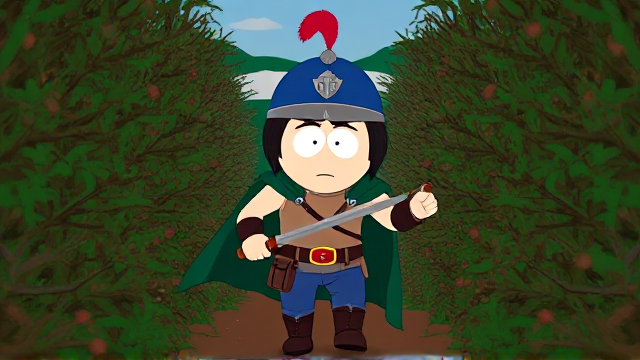 Dramatic South Park scene: Stan Marsh from South Park, light skin and black hair, but as a 14-Year Old teenager with a muscular torso, dressed as a medieval warrior, wearing a light brown tank top, a black belt with a red buckle adorned with a castle emblem with brown pouches and the scabbard for his enchanted sword attached to it, blue jeans, steel armored boots, jeweled wrist cuffs, a really big, heel-length long, ultra-wide green cape held up by two silver buttons with red jewels with a strong unbreakable wire connecting them both, and a blue helmet with buffalo emblems on both sides, outlined by silver steel rims going around and across the top, with a really long red feather sticking out at the top. He is now known as Sir Marsh. Despite still being a teenage kid, he is the Youngest Commander of the Zaronian Army, and one of the youngest and greatest heroes hailing from South Park, Colorado, but now reborn as the real life Kingdom of Kupa Keep, Zaron. With his signature enchanted sword, the Slashing Blade Of The Ranger, held tightly in his hand, the young teenage hero is currently walking through a dangerous bramble maze as he searches for the way out.