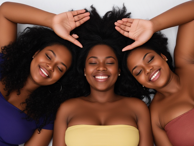 Three curvy thick black women laying down eyes closed, smiling hands in the air.