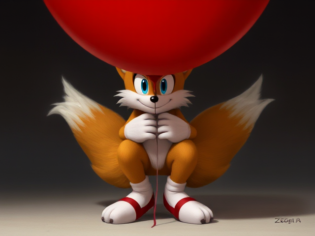 Tails the Fox holds a giant red balloon and his knees knock inwards together SEGA