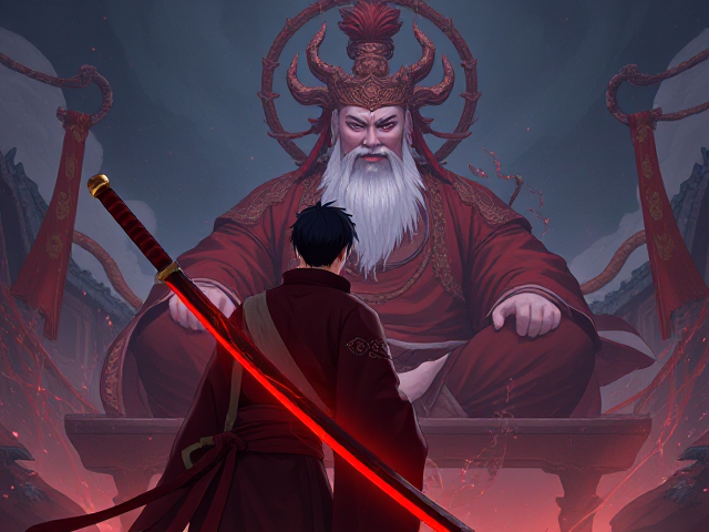 A man with a magical glowing red and black Chinese style katana with short black hair wearing Chinese mythology clothing facing away staring at the big god if all gods, Shangdi, sitting cross leg style very huge in front of him, anime