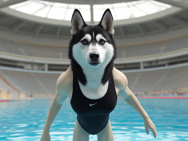A tall anthropomorphic Siberian husky with a long torso and broad shoulders, wearing a high cut Nike one piece swimsuit while swimming in a Olympic sized pool