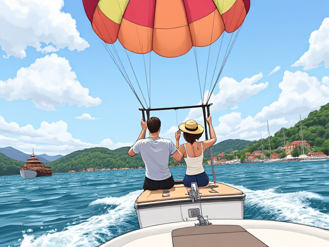 I want an image of a man and a woman parasailing, towed by a motorboat. The parachute's cable is attached to the back of the boat. in an idyllic environment, with varied scenery, notable elements, in a drawing style. The viewpoint is fairly wide, and the colors are vivid.