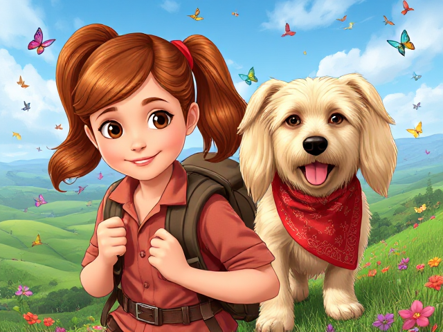 children's fiction book cover for girls aged 7-12, featuring an adventurous 11-year-old girl with expressive hazel eyes and long copper brown hair tied in a ponytail with a vibrant red ribbon. She is wearing a backpack and exploring a mystery on a magical hillside, surrounded by colorful butterflies and birds. Beside her is an enthusiastic medium-sized shaggy cream-colored dog with long floppy ears, adorned with a red bandana. Both are equipped with private investigator gear, eagerly searching the countryside for clues. The dog resembles an undercover Coco
