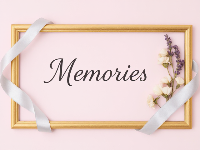 Create a banner. 
Background: A soft, pastel color like blush pink or light blue.
Main Elements:
Gold Frame: A delicate, golden frame to border the banner. A shimmering silver ribbon wrapped around the frame.
Add Flowers: Dried or pressed flowers in shades of white, cream, and light pink arranged within the frame. Add a few sprigs of lavender for a touch of purple.
Use a script or calligraphy font for a nostalgic feel. The title is"Memories,"