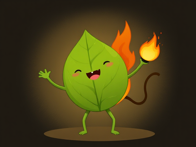 Leaf with two legs and two arms playing with a flame with two arms and two legs