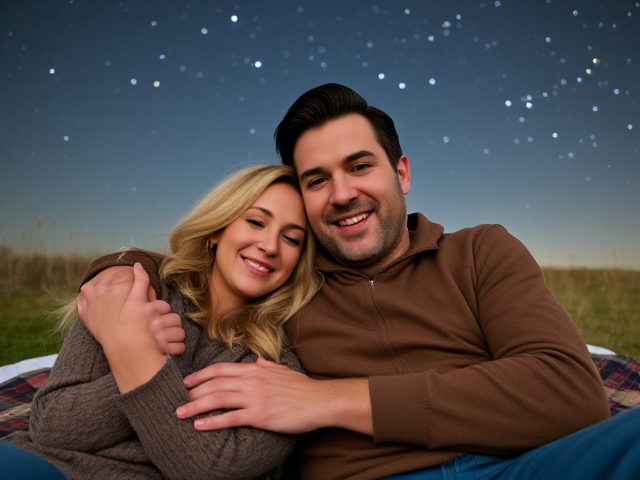 Show an image of a blonde 40 year old woman cuddling with a 62 year old taller man on a blanket with stars overhead. The man is handsome with dark hair and is clean shaven